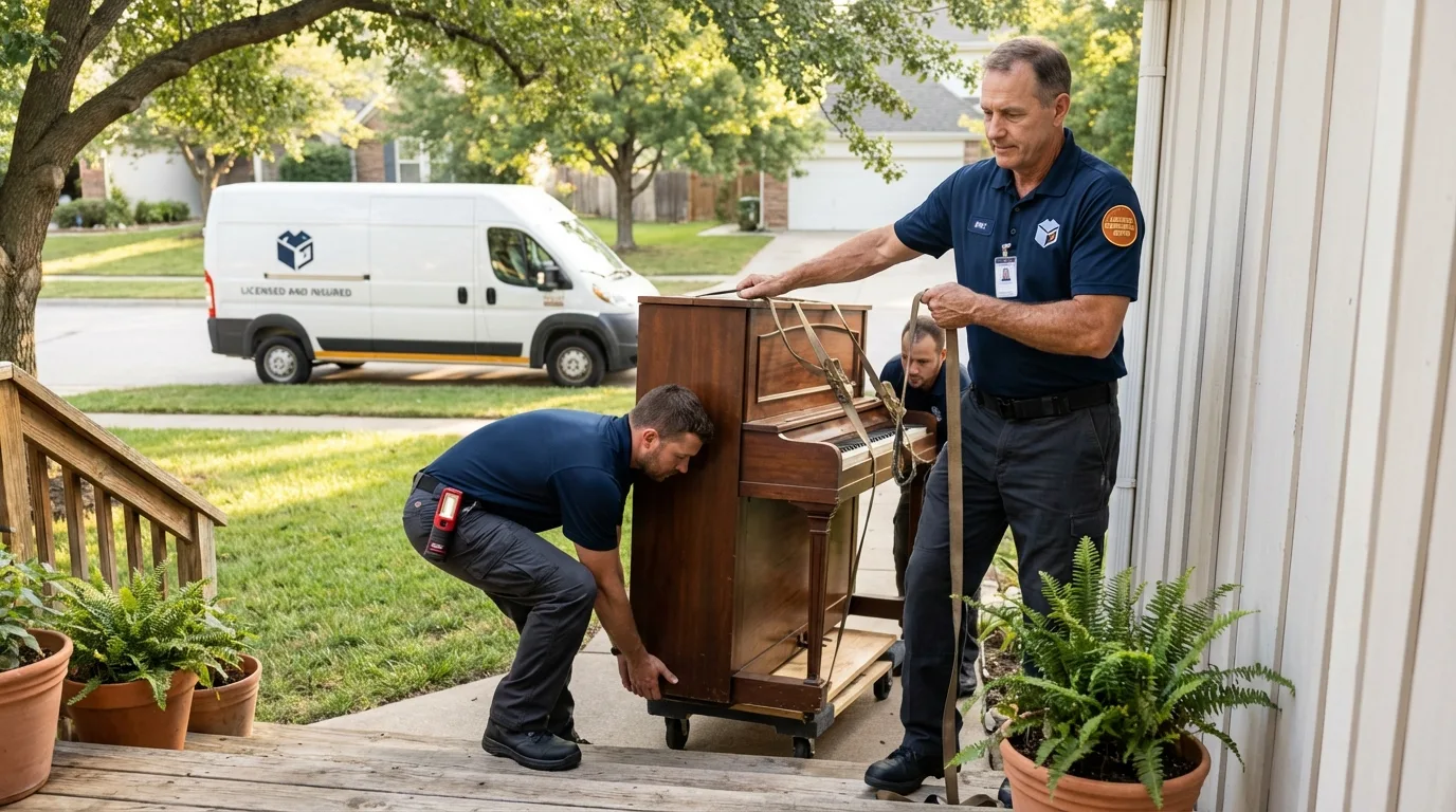 Licensed piano movers securing grand piano in Oxnard, CA