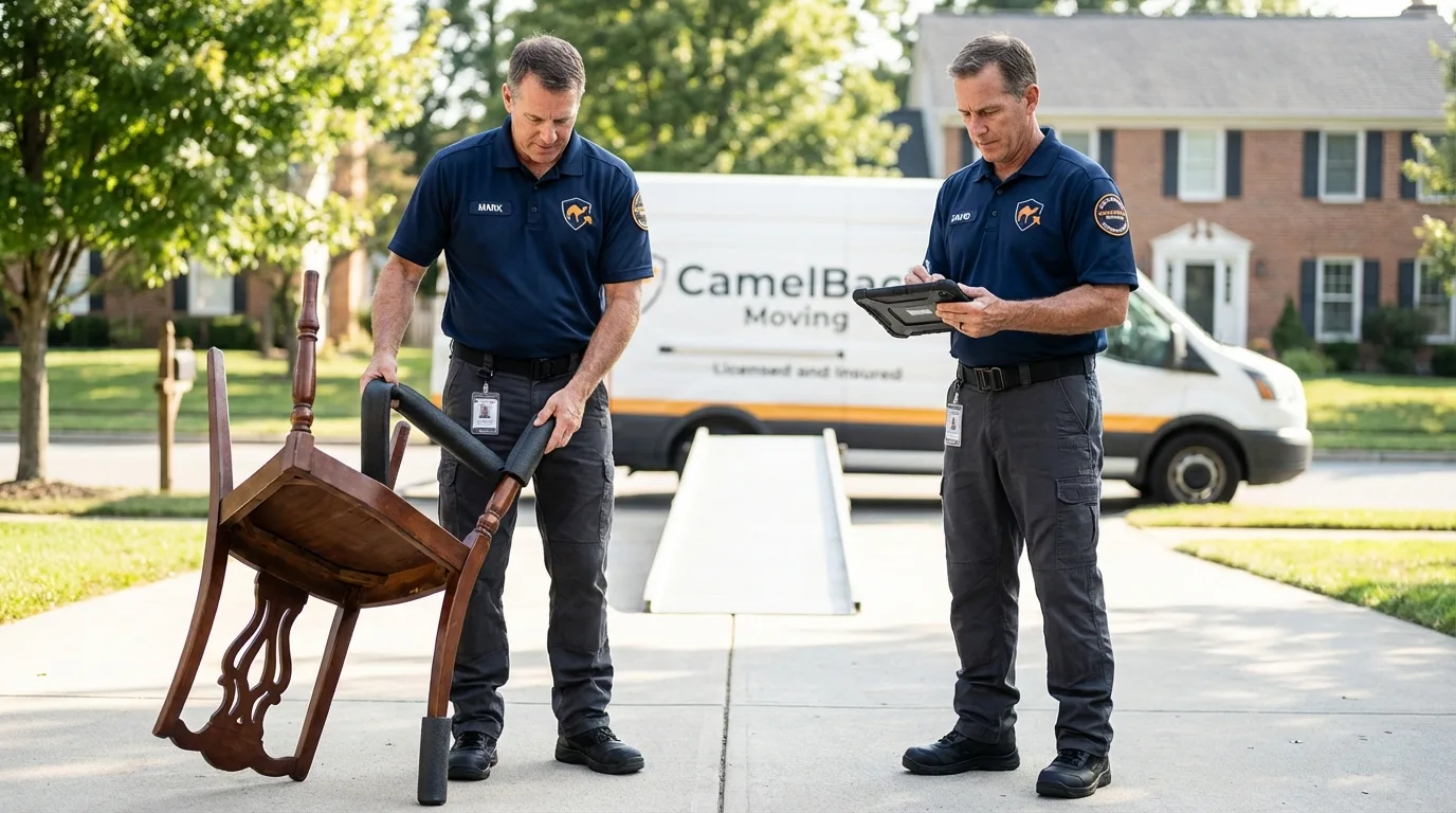 Movers inspecting furniture for damage prevention before loading in Oxnard, CA