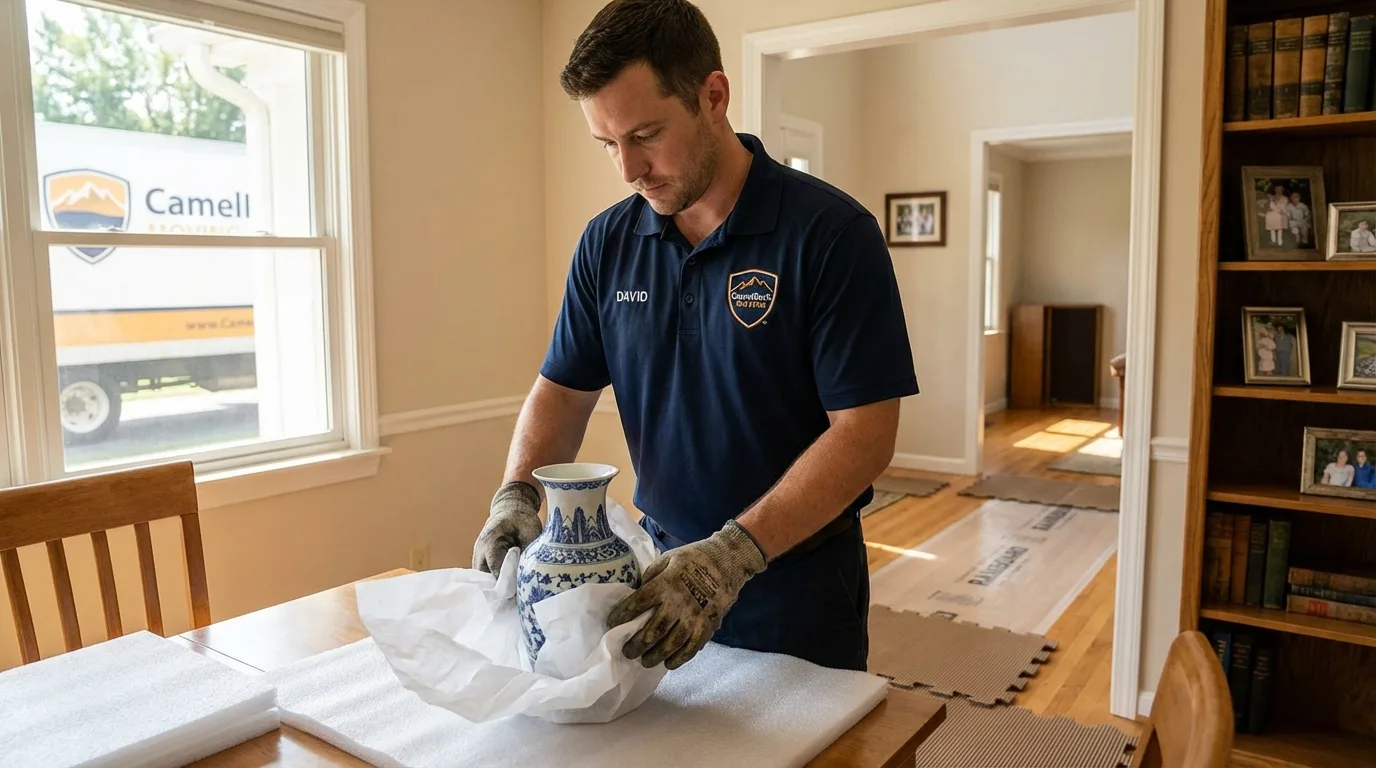 Professional crew carefully wrapping antique vase for senior downsizing move in Oxnard, CA